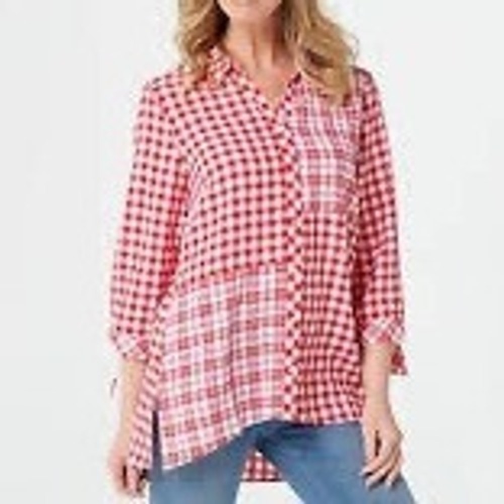 Susan Graver Yarn Dyed Gingham Button Front Shirt Red White Womens Large